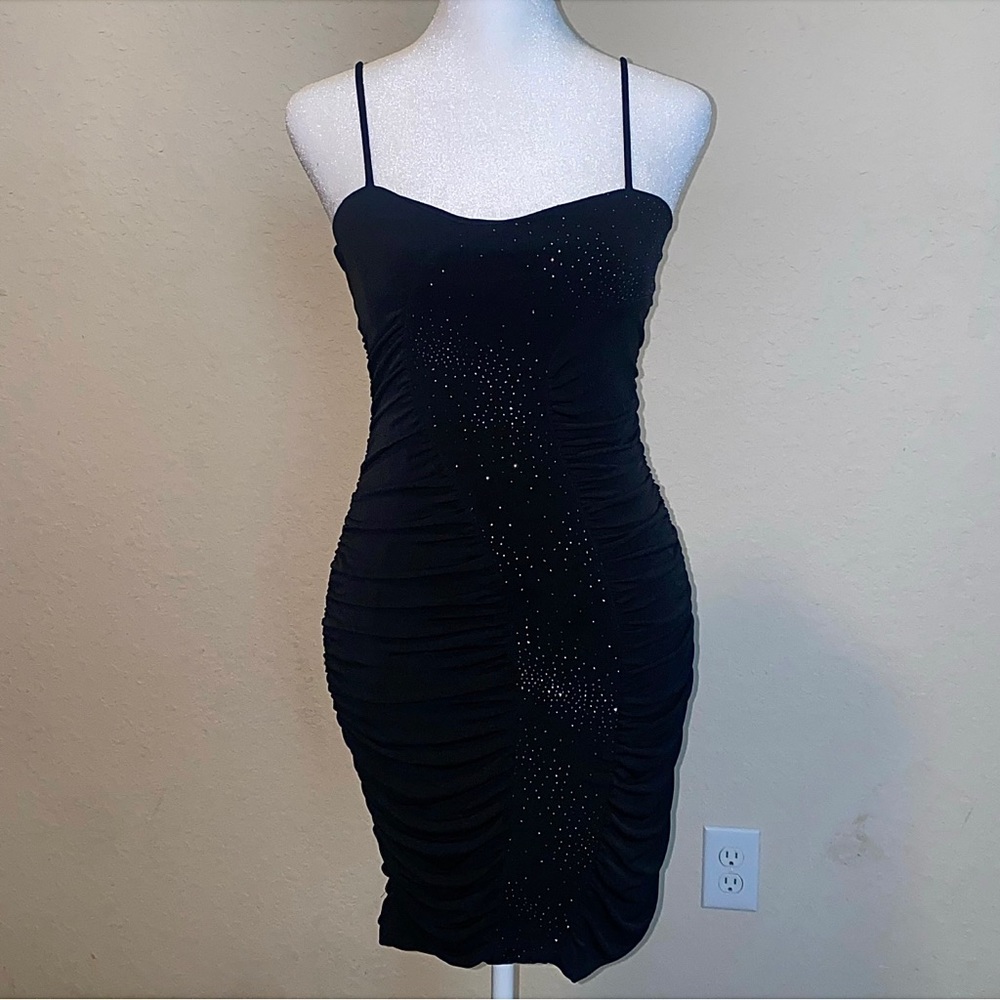 Vintage 90s Black Bodycon Sparkly Ruched Minidress. Size Small.